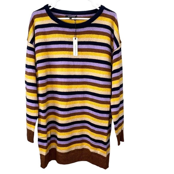 Olivaceous Striped Tunic Sweater Crewneck size L Purple Yellow Long Sleeve NWT - Picture 1 of 5